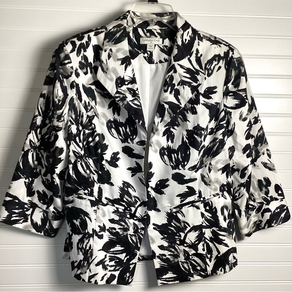 Coldwater Crook Black& White Blazer Jacket Size 12P 3/4 Sleeve Business Casual
